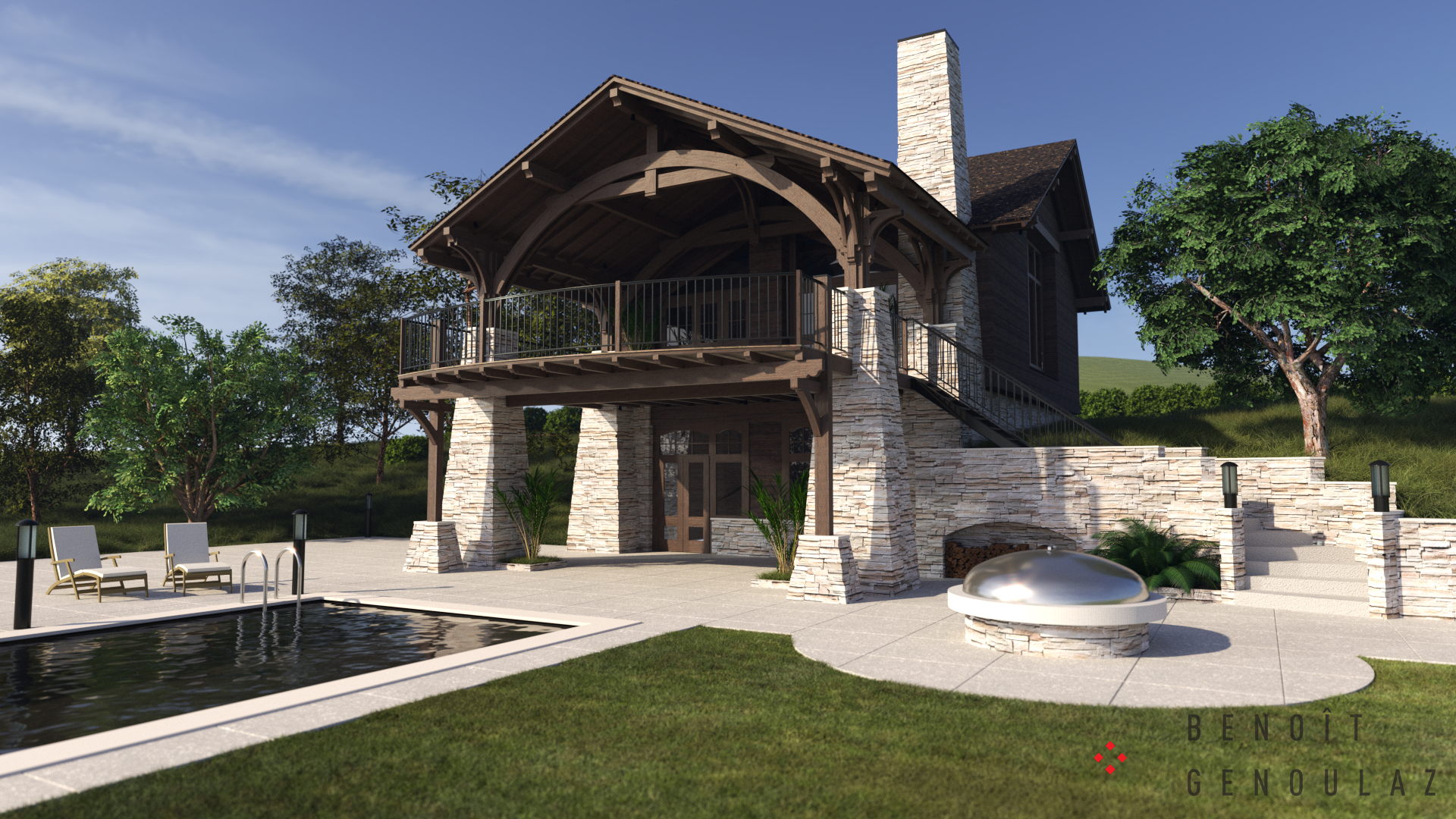 Chalet pierre et bois, terrasse, piscine, BBQ.
Rendu photo réaliste de jour.
Visualisation Projet Immobilier.
Charpente apparente.