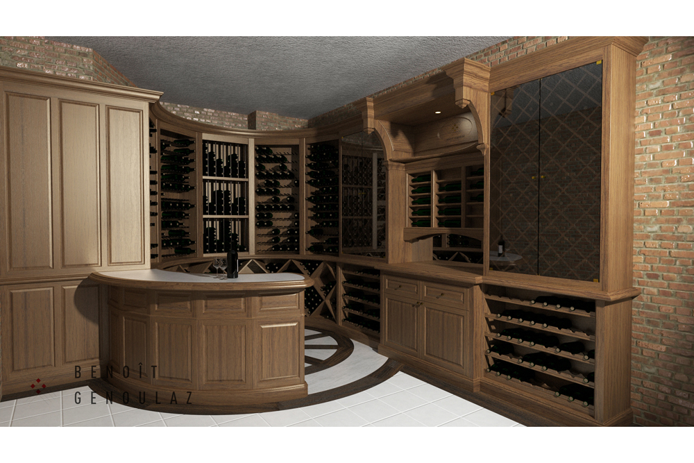 Cellier en bois sur mesure avec bar de dégustation, 1057 bouteilles.