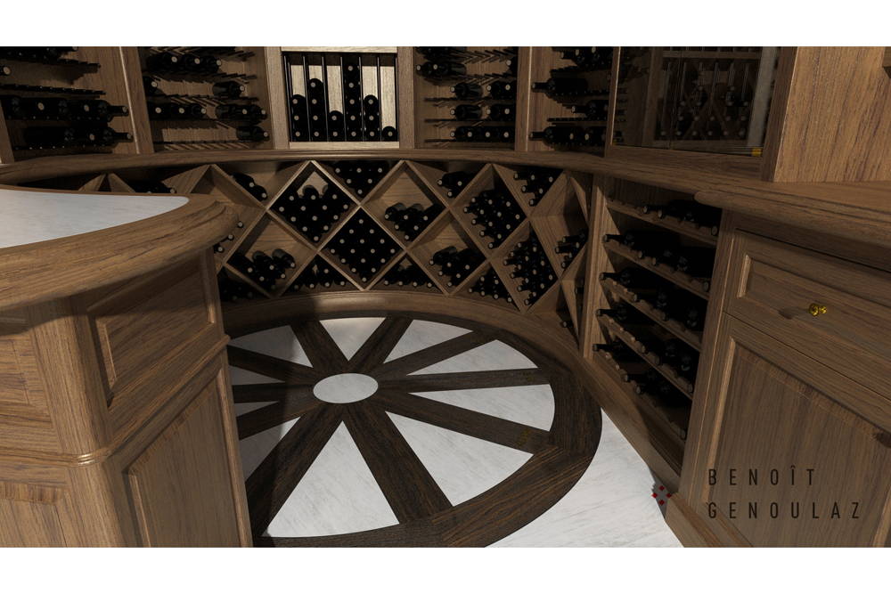 Cellier en bois sur mesure avec bar de dégustation, 1057 bouteilles.