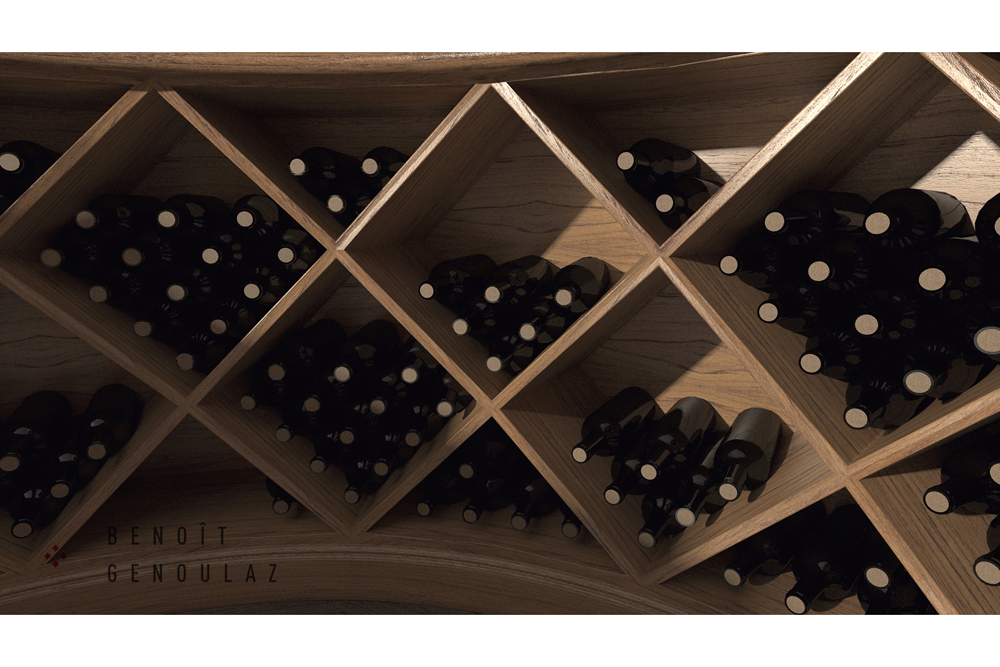 Cellier en bois sur mesure avec bar de dégustation, 1057 bouteilles.