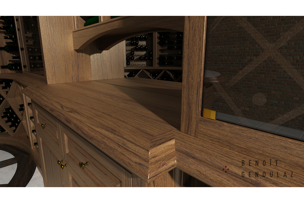 Cellier en bois sur mesure avec bar de dégustation, 1057 bouteilles.